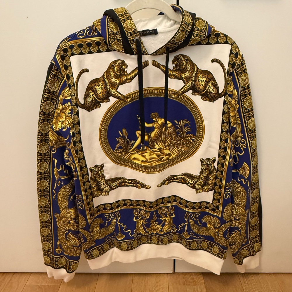 Authentic Versace Blue White Gold Baroque Medallion Hoodie